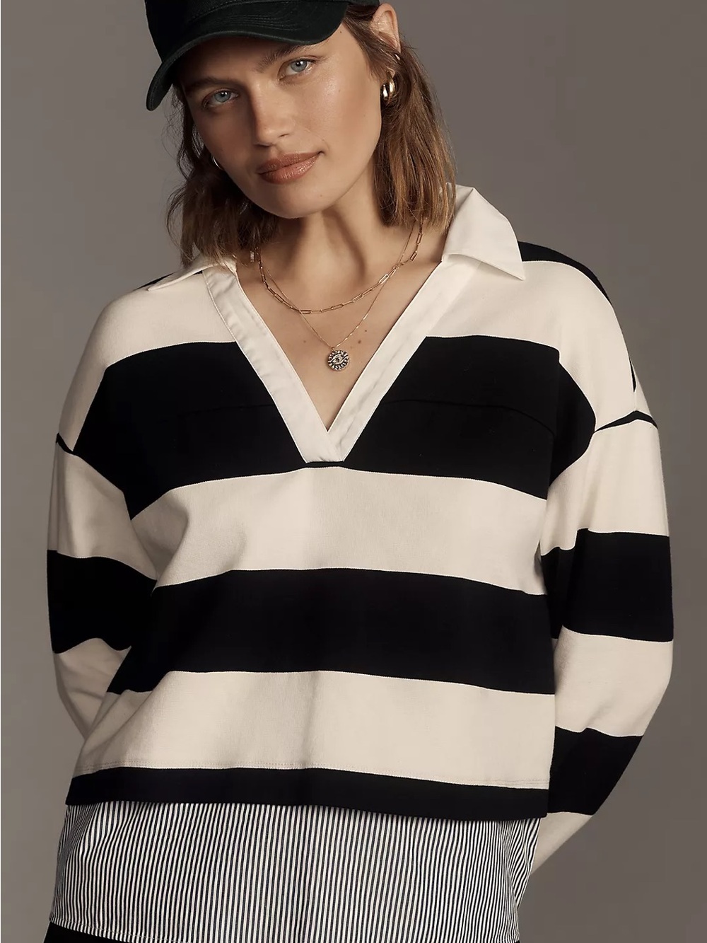 DOLAN by Anthropologie Wide-Stripe Twofer Rugby Collared Pullover